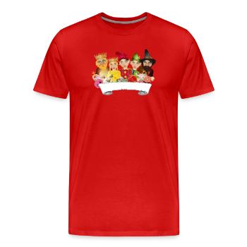 Fünf Figuren aus dem Ensemble des Kasperltheaters - Männer Premium Bio T-Shirt - Rot - Vorne - Damien (186cm)