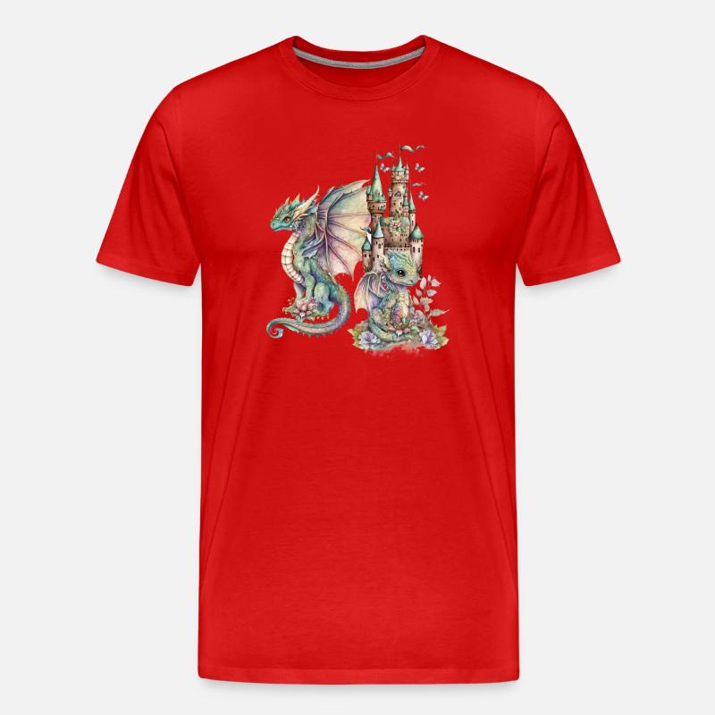 Fantasie-Drachen mit Märchenschloss - Männer Premium Bio T-Shirt - Rot