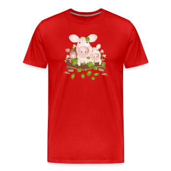 drei Glücksschweine mit vierblättrigen Kleeblätter - Männer Premium Bio T-Shirt - Rot - Vorne - Damien (186cm)