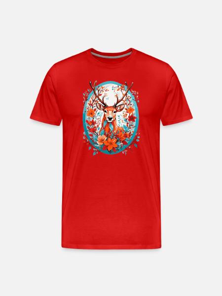 Hirsch mit Blumen - Männer Premium Bio T-Shirt - Rot