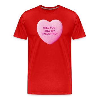 Voulez-vous libérer ma Palestine ? Coeur de bonbons sucrés - T-shirt bio Premium Homme - rouge - Devant - Damien (186cm)
