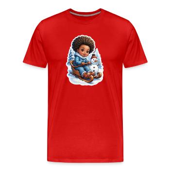 Winterspaß mit Schneemann und Schlitten - Männer Premium Bio T-Shirt - Rot - Vorne - Damien (186cm)
