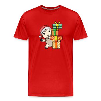 Schaf mit Weihnachtsmütze und Weihnachtsgeschenk - Männer Premium Bio T-Shirt - Rot - Vorne - Damien (186cm)