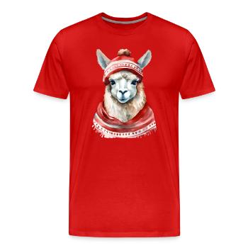 Llama with red winter hat and scarf - Men's Premium Organic T-Shirt - red - Front - Damien (186cm)