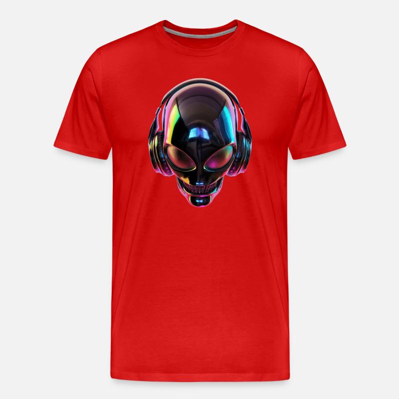 Schwarzer Alien-Kopf mit Kopfhörern - Männer Premium Bio T-Shirt - Rot