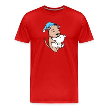 Chat avec oreiller et bonnet somnolent - T-shirt bio Premium Homme - rouge - Devant - Damien (186cm)