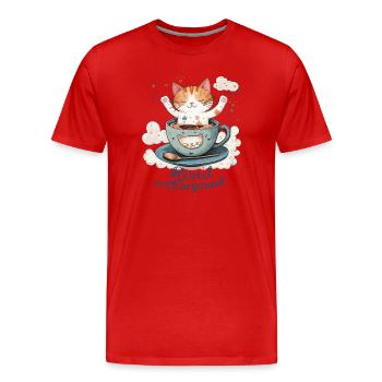 Wecker aufladen, Katzenhumor und Kaffeebecher - Männer Premium Bio T-Shirt - Rot - Vorne - Damien (186cm)