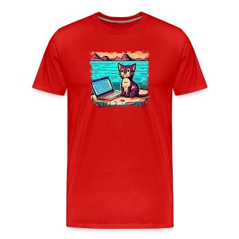 Chat avec ordinateur portable - T-shirt bio Premium Homme - rouge - Devant - Damien (186cm)
