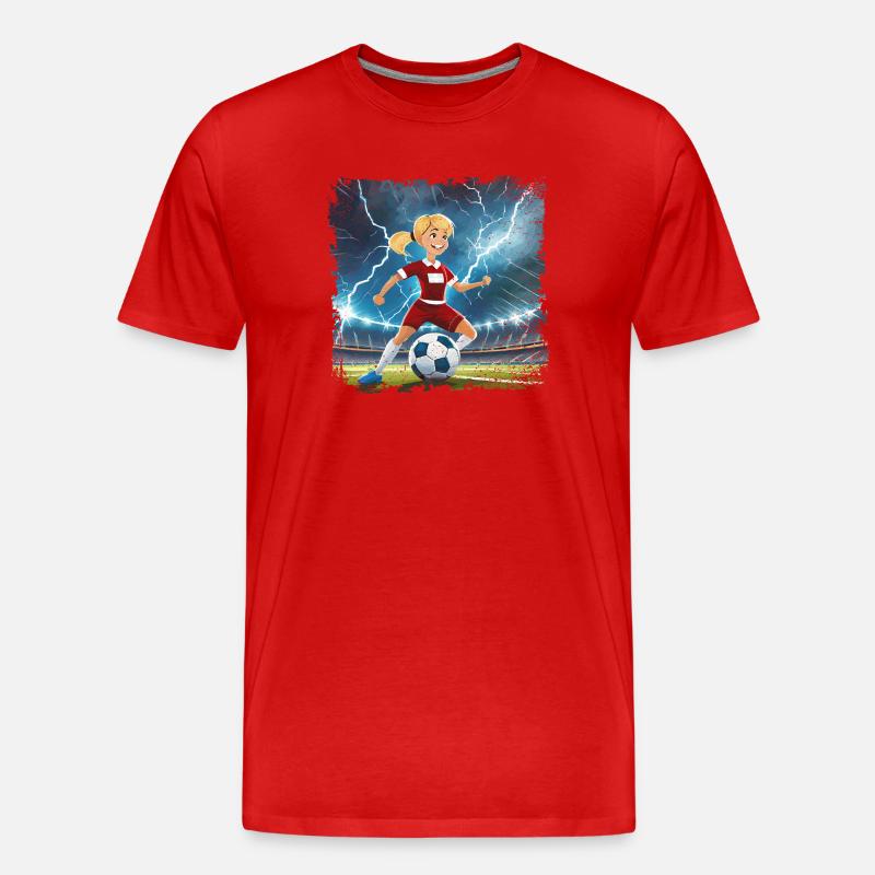 Fussballerin Comicfigur Stadion mit Blitzen - Männer Premium Bio T-Shirt - Rot
