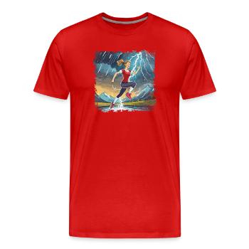 femme sportive sautant par-dessus la flaque d’eau - T-shirt bio Premium Homme - rouge - Devant - Damien (186cm)