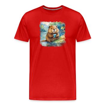 Mignon jeune castor avec téléphone portable - T-shirt bio Premium Homme - rouge - Devant - Damien (186cm)
