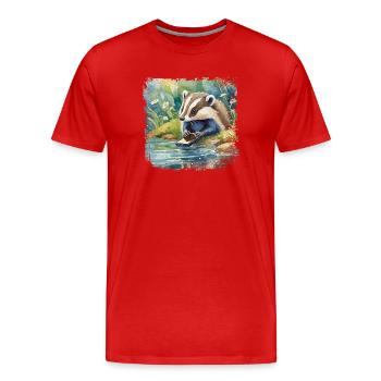 Cute young badger with mobile phone, children's book style - Men's Premium Organic T-Shirt - red - Front - Damien (186cm)