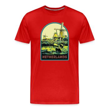 Scenic Journey, Windmills of the Netherlands - Men's Premium Organic T-Shirt - red - Front - Damien (186cm)
