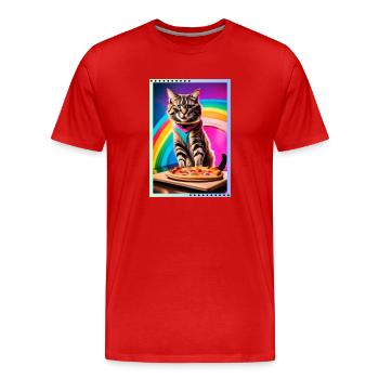 Regenbogenkatze mit Pizza - Männer Premium Bio T-Shirt - Rot - Vorne - Damien (186cm)