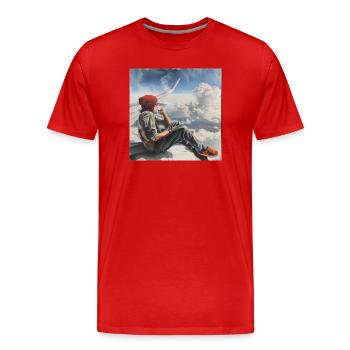 Homme assis sur la turbine de l’avion et fumant - T-shirt bio Premium Homme - rouge - Devant - Damien (186cm)