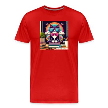 Chat studieux à lunettes - T-shirt bio Premium Homme - rouge - Devant - Damien (186cm)