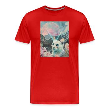 Comet cat between blooming peaks - Men's Premium Organic T-Shirt - red - Front - Damien (186cm)