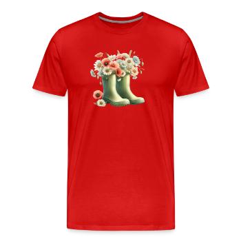 Gartenmotiv: Zwei grüne Gummistiefel mit Blumen - Männer Premium Bio T-Shirt - Rot - Vorne - Damien (186cm)