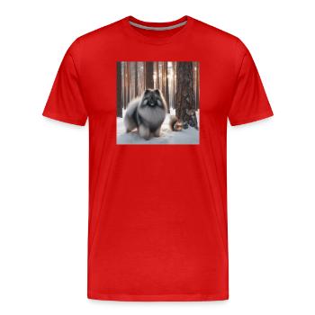 Keeshond Wolfspitz in the snow - Men's Premium Organic T-Shirt - red - Front - Damien (186cm)
