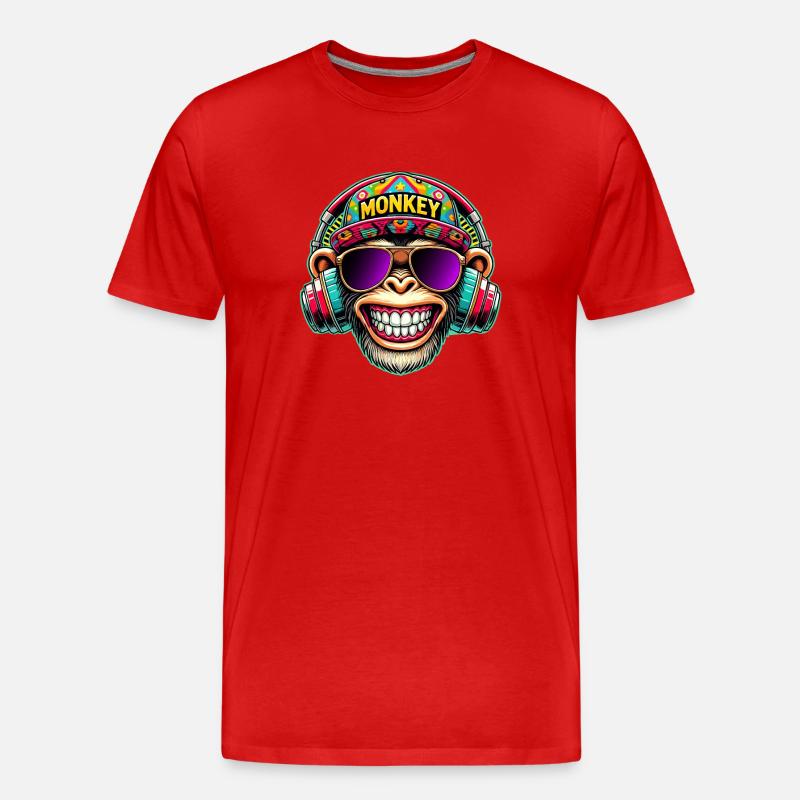 Cooler DJ Monkey Kopfhörer Bunter Retro-Stil - Männer Premium Bio T-Shirt - Rot
