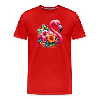 Flamingo verziert mit Hibiskusblüten - Männer Premium Bio T-Shirt - Rot - Vorne - Damien (186cm)
