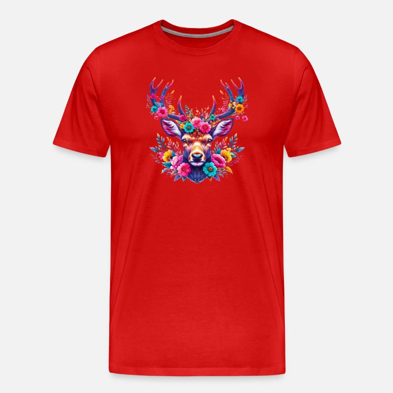 Hirsch mit Blumen geschmückt - Männer Premium Bio T-Shirt - Rot