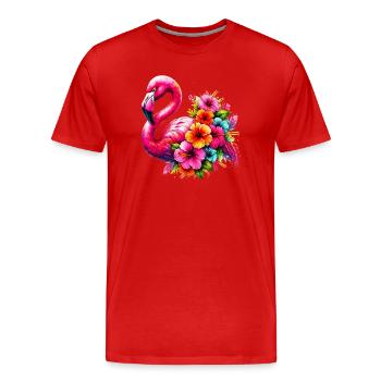 Flamingo verziert mit Hibiskusblüten - Männer Premium Bio T-Shirt - Rot - Vorne - Damien (186cm)