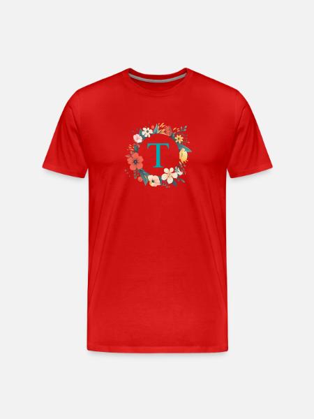 T Monogram, Flower Wreath, Personalizable - Men's Premium Organic T-Shirt - red