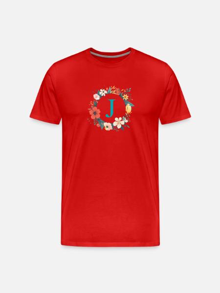 J Monogram, Flower Wreath, Personalizable - Men's Premium Organic T-Shirt - red
