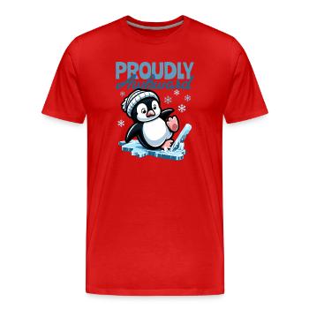 Proudly Awkward – Cute Penguin Slips on the Egg - Men's Premium Organic T-Shirt - red - Front - Damien (186cm)