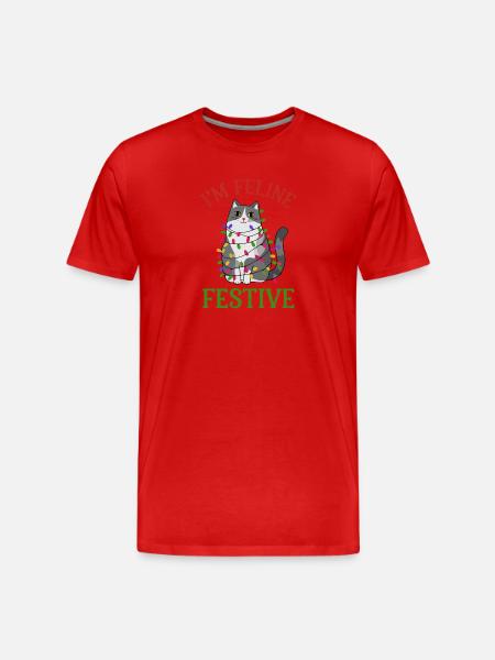 Feline Festive Light String Design - Men's Premium Organic T-Shirt - red