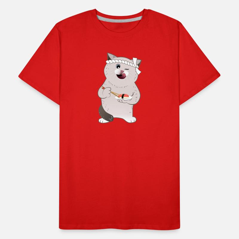 Chat potelé mignon tenant des sushis T-shirt bio Premium Homme