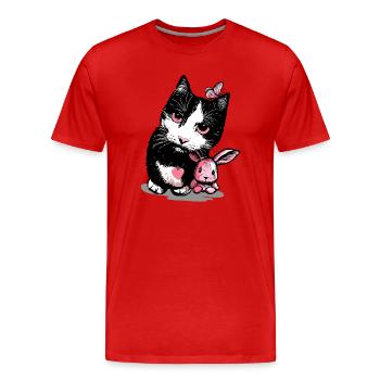 Cat with stuffed animal bunny and butterfly - Men's Premium Organic T-Shirt - red - Front - Damien (186cm)
