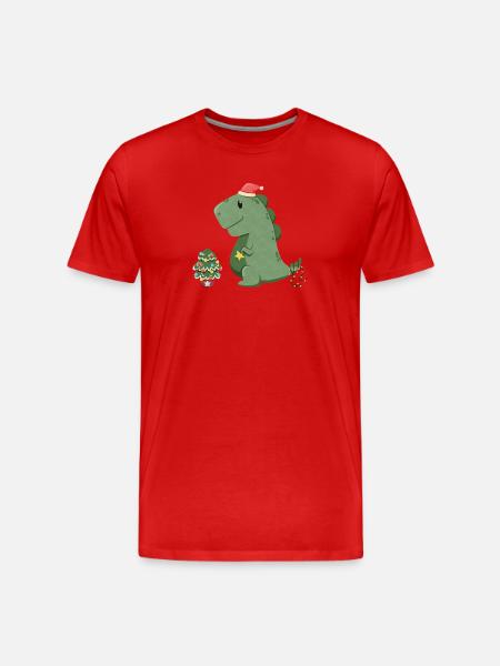 Süßer Dino schmückt seinen Weihnachtsbaum - Männer Premium Bio T-Shirt - Rot