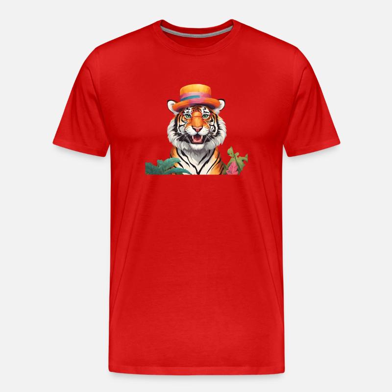 Skurriler Tiger mit Sonnenhut - Männer Premium Bio T-Shirt - Rot