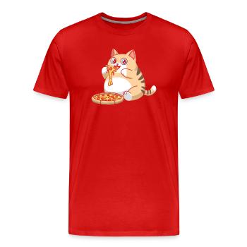 Chat potelé mignon mangeant de la pizza - T-shirt bio Premium Homme - rouge - Devant - Damien (186cm)