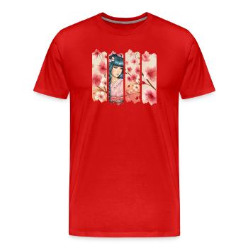 Kirschblüten Kimono Panel Portrait - Männer Premium Bio T-Shirt - Rot - Vorne - Damien (186cm)