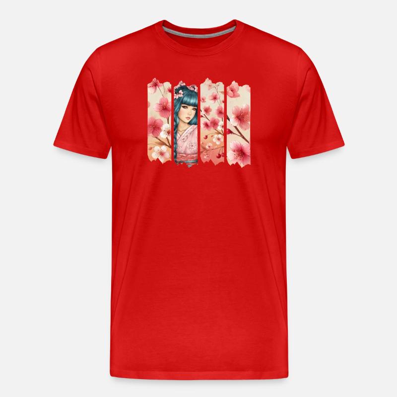 Kirschblüten Kimono Panel Portrait - Männer Premium Bio T-Shirt - Rot