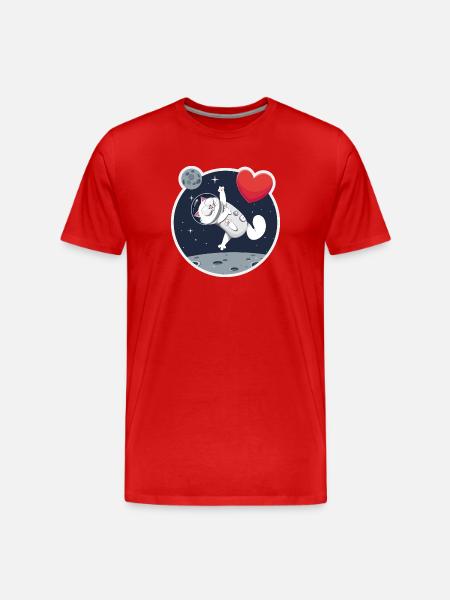 Lone Astronaut Cat Catching Heart - Men's Premium Organic T-Shirt - red