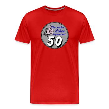 50th Birthday, Real Life - Men's Premium Organic T-Shirt - red - Front - Damien (186cm)