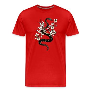 Serpent avec des cerisiers en fleurs au printemps - T-shirt bio Premium Homme - rouge - Devant - Damien (186cm)