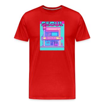 Façade néon de l’arcade de Séoul - T-shirt bio Premium Homme - rouge - Devant - Damien (186cm)