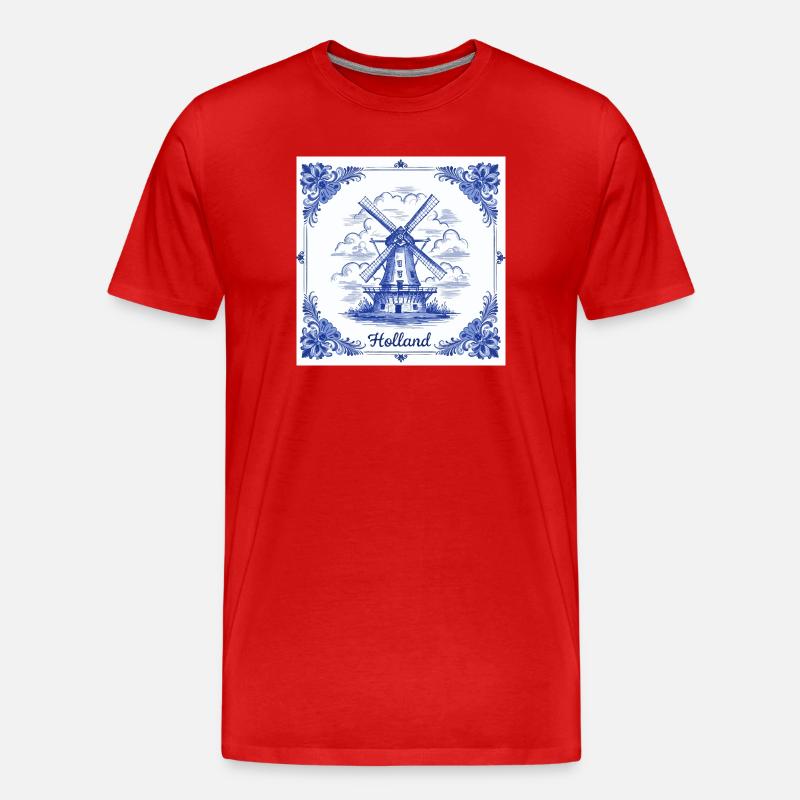 Delfter blauer Windmühlenkachel - Männer Premium Bio T-Shirt - Rot