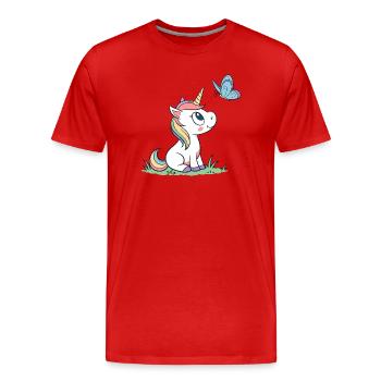 Süßes neugieriges Baby Einhorn und Schmetterling Magazin v01 - Männer Premium Bio T-Shirt - Rot - Vorne - Damien (186cm)