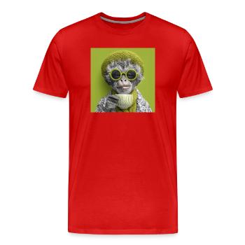 Stylisher Affe mit Sonennbrille und Kaffeetasse - Männer Premium Bio T-Shirt - Rot - Vorne - Damien (186cm)