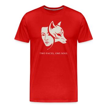 Double masque : Humain et Animal - Deux visages, une âme - T-shirt bio Premium Homme - rouge - Devant - Damien (186cm)