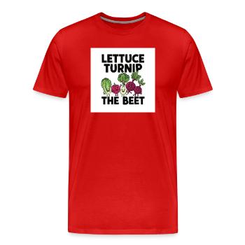 « Laitue, Navet, La Betterave » Jeu de mots : Design végétal - T-shirt bio Premium Homme - rouge - Devant - Damien (186cm)