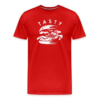 tasty burger symbol - fast food chain logo - Men's Premium Organic T-Shirt - red - Front - Damien (186cm)