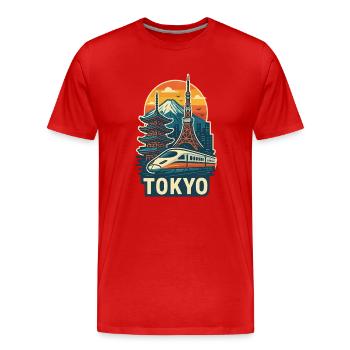 Tokyo Skyline with Mount Fuji and Bullet Train - Men's Premium Organic T-Shirt - red - Front - Damien (186cm)