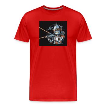 Retro Sci-Fi Roboter mit Laserwaffe - Männer Premium Bio T-Shirt - Rot - Vorne - Damien (186cm)